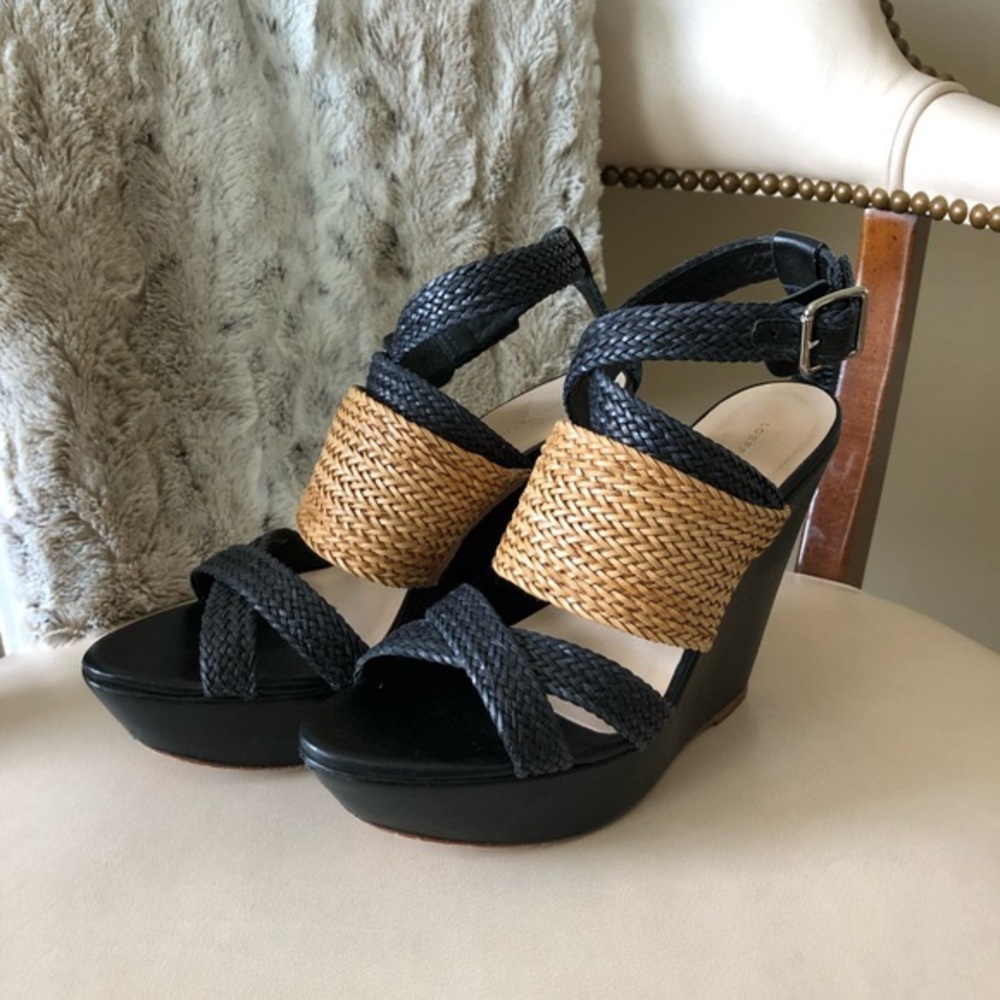 Loeffler Randall black and tan Lake wedge sandals